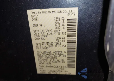 2015 Nissan Murano Platinum из США, поврежденный, VIN 5N1AZ2MH5FN227388